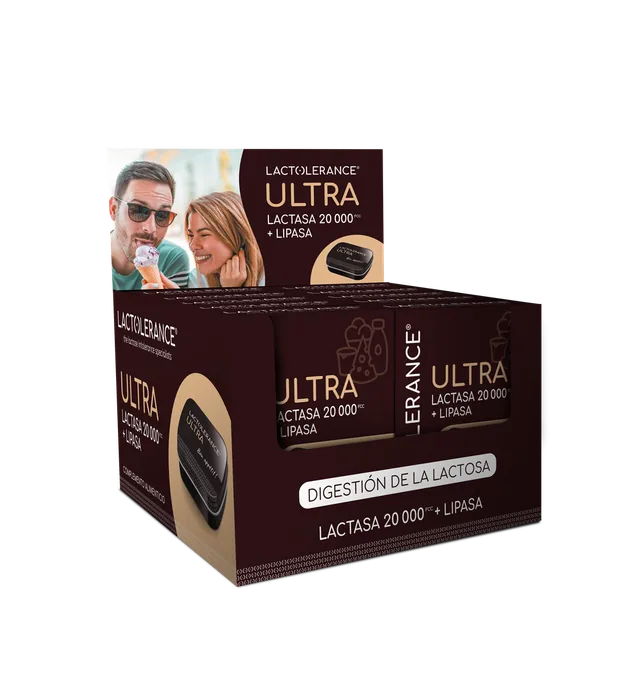 EXPOSITOR LACTOLERANCE ULTRA LACTASA 20.000 FCC+LIPASA 36 CAPSULAS 12 UNIDADES