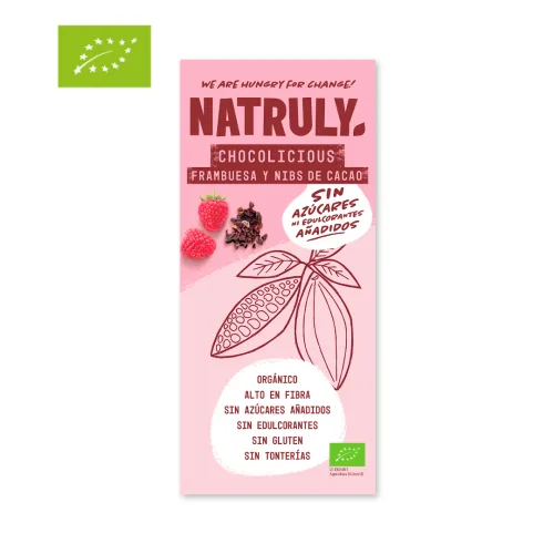 TABLETA BIO DE CHOCOLATE CON FRAMBUESA Y NIBS DE C 85 GR