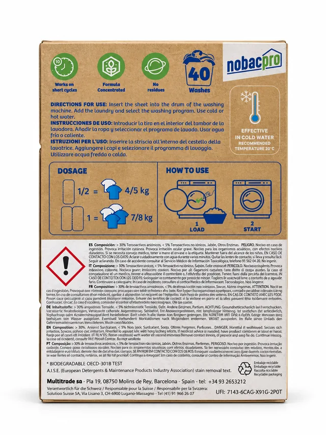 TIRAS DETERGENTE SIN FRAGANCIA 40 LAVADOS